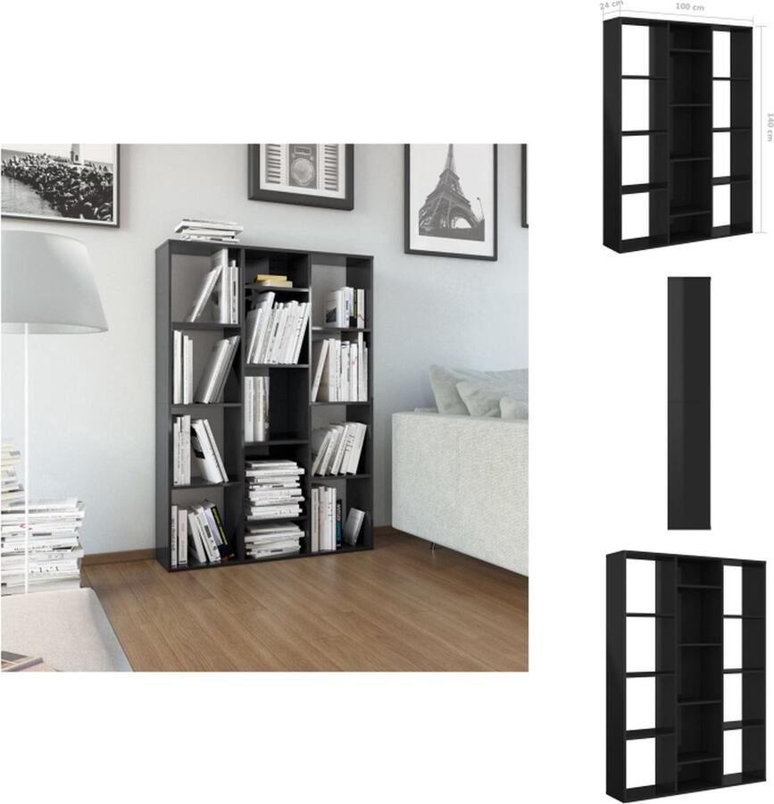 VidaXL Scheidingswand Scheidingswanden Kamerverdeler Kamerverdelers Kamerscherm boekenkast 100x24x140 cm spaanplaat hoogglans zwart - Foto 2