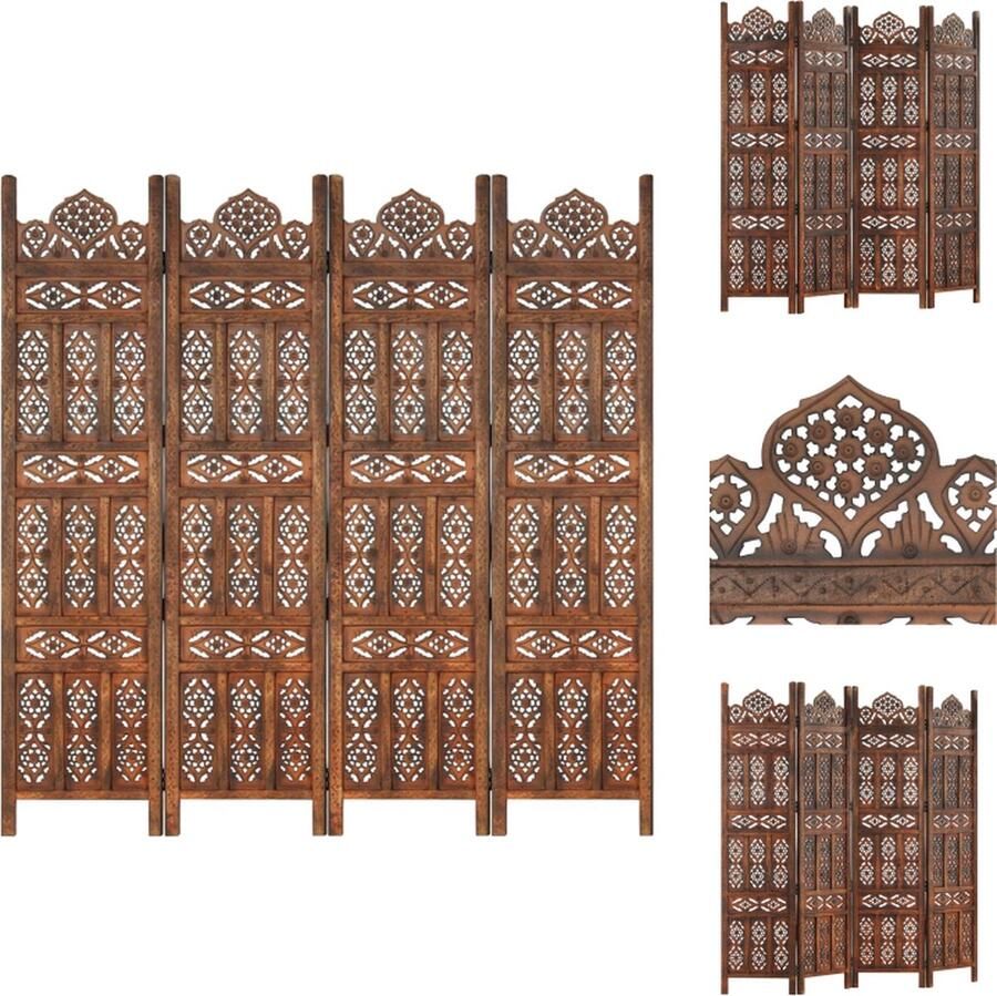 VidaXL Kamerscherm Kamerschermen Kamerverdeler Kamerverdelers Kamerscherm 4 panelen handgesneden 160x165 cm mangohout bruin - Foto 2