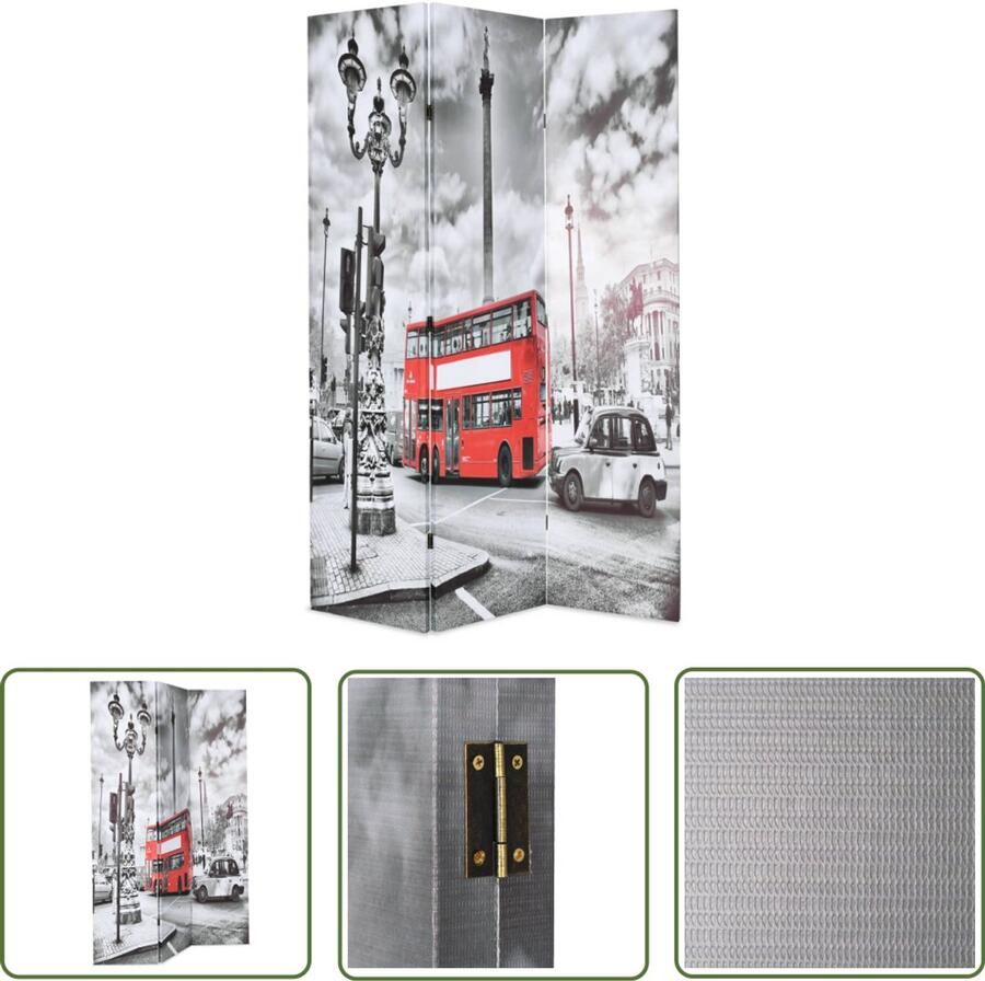 VidaXL Kamerscherm Londen bus 120x170 cm Zwart Wit Kamerverdeler Paravent Wandafscheiding Privacy Screen London Street Vintage Design Modern Style Houtlook Zwarte Witte Kleuren