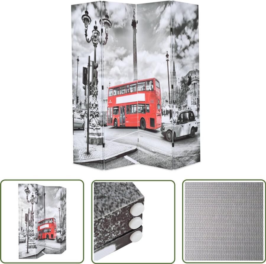 VidaXL Kamerscherm Londen Bus 160x170 cm Zwart Wit Kamer Verdeler Paravent Scheidingswand Wanddecoratie Modern Design Londen Thema Stoffen Kamerverdeler