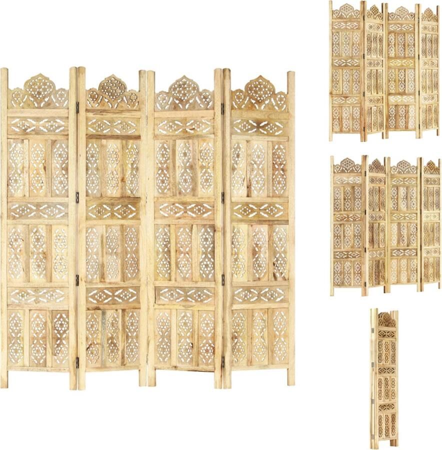 VidaXL Kamerscherm Kamerschermen Kamerverdeler Kamerverdelers Kamerscherm 4 panelen handgesneden 160x165 cm massief mangohout - Foto 3