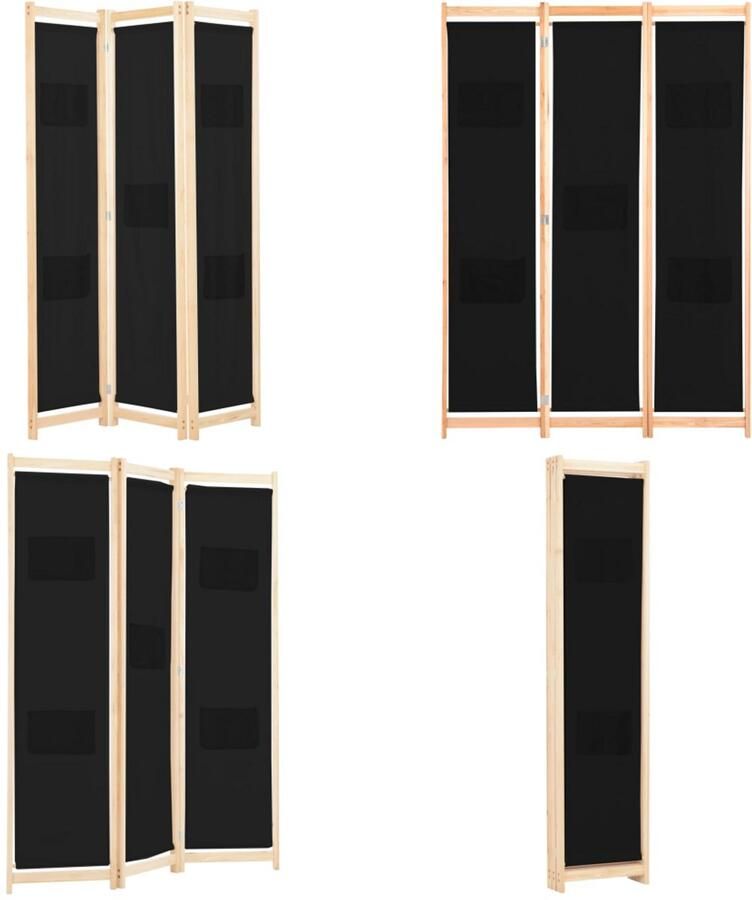 VidaXL Kamerscherm met 3 panelen 120x170x4 cm stof zwart Scheidingswand Scheidingswanden Ruimteverdeler Ruimteverdelers