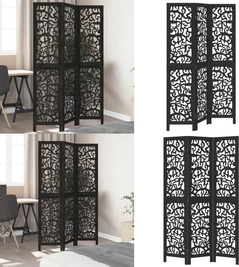 VidaXL Kamerscherm met 3 panelen massief paulowniahout zwart Kamerscherm Kamerschermen Privacy Scherm Privacyscherm