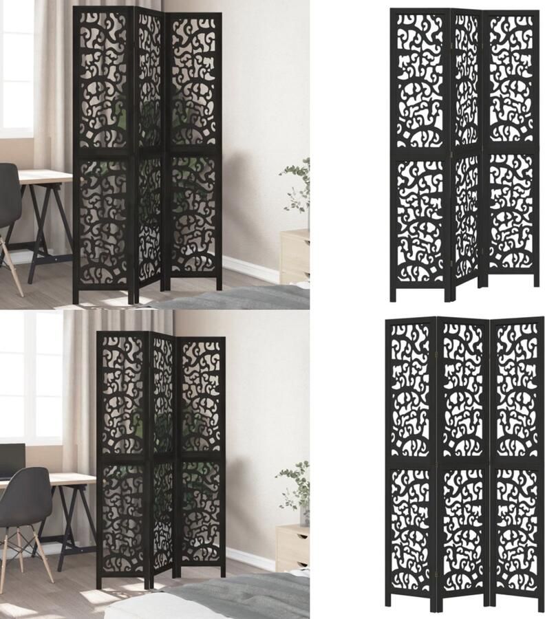 VidaXL Kamerscherm met 3 panelen massief paulowniahout zwart Kamerscherm Kamerschermen Privacy Scherm Privacyscherm
