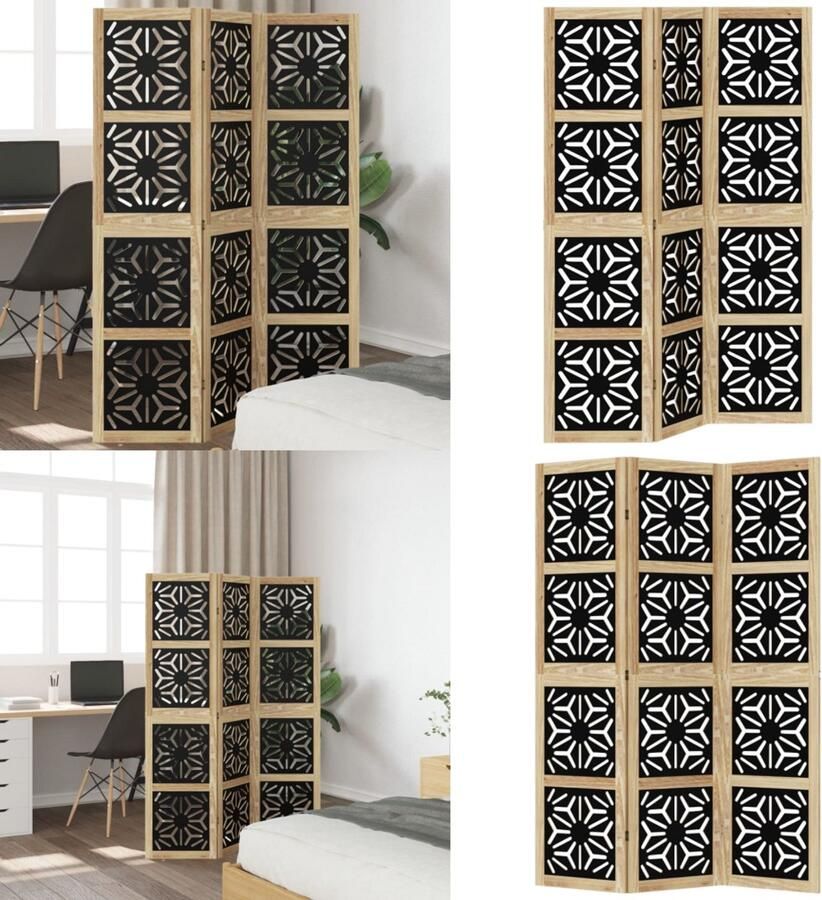 VidaXL Kamerscherm met 3 panelen massief paulowniahout zwart Kamerscherm Kamerschermen Privacy Scherm Privacyscherm