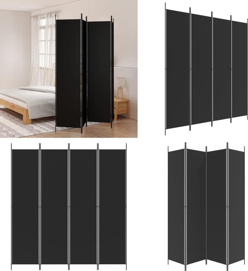 VidaXL Kamerscherm met 4 panelen 200x220 cm stof zwart Kamerscherm Kamerschermen Scheidingswand Ruimteverdeler