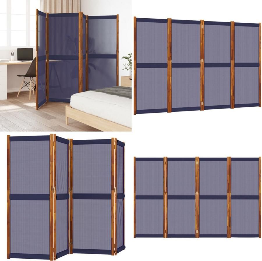VidaXL Kamerscherm met 4 panelen 280x180 cm donkerblauw Kamerscherm Kamerschermen Scheidingswand Ruimteverdeler