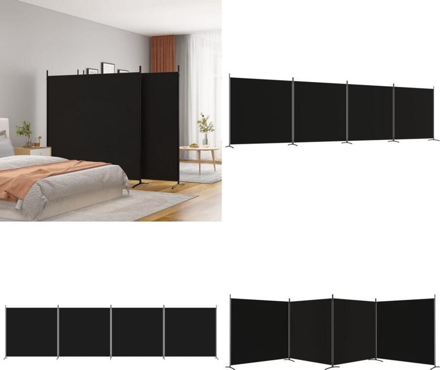 VidaXL Kamerscherm met 4 panelen 698x180 cm stof zwart Kamerscherm Kamerschermen Scheidingswand Ruimteverdeler