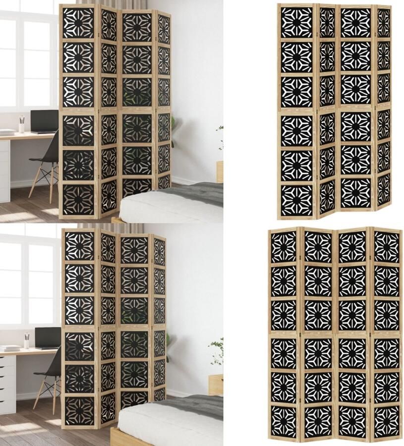 VidaXL Kamerscherm met 4 panelen massief paulowniahout bruin en zwart Kamerscherm Kamerschermen Privacy Scherm Privacyscherm