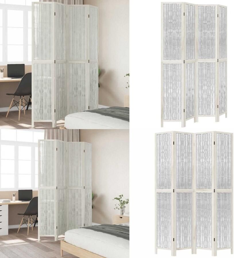 VidaXL Kamerscherm met 4 panelen massief paulowniahout wit Kamerscherm Kamerschermen Privacy Scherm Privacyscherm