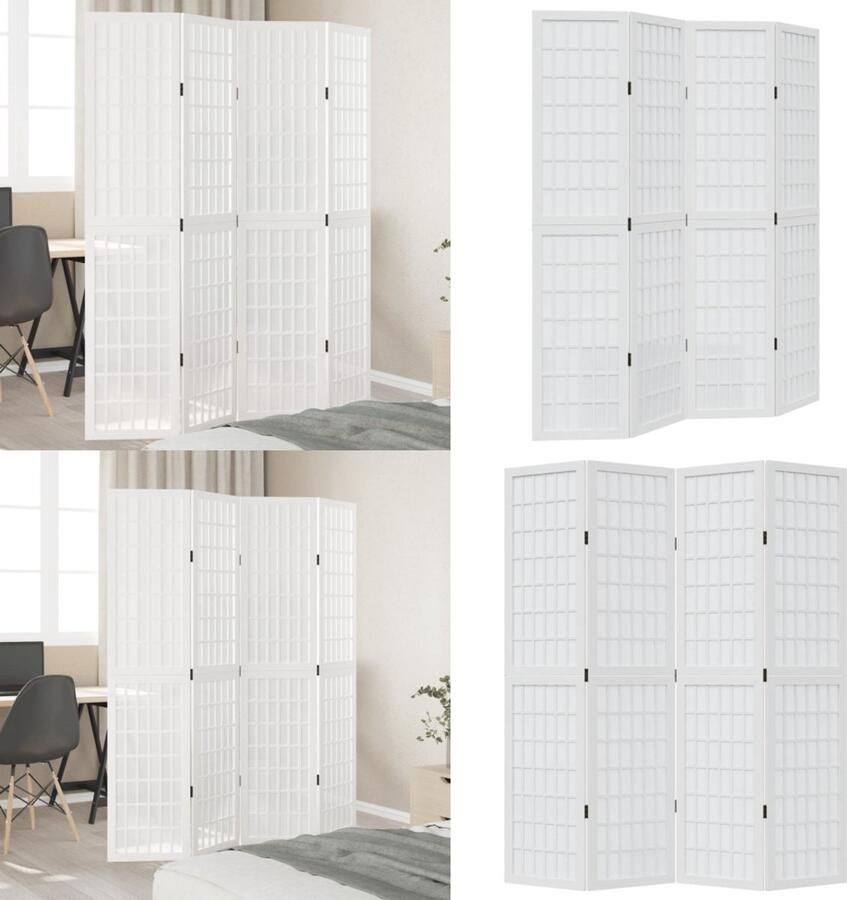 VidaXL Kamerscherm met 4 panelen massief paulowniahout wit Kamerscherm Kamerschermen Privacy Scherm Privacyscherm
