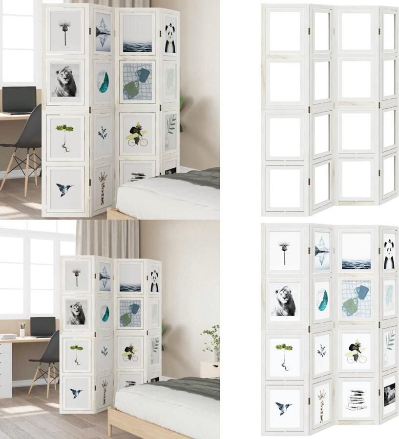VidaXL Kamerscherm met 4 panelen massief paulowniahout wit Kamerscherm Kamerschermen Privacy Scherm Privacyscherm