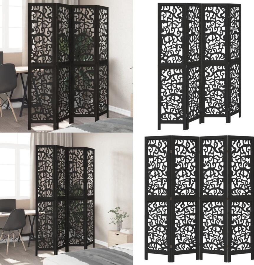 VidaXL Kamerscherm met 4 panelen massief paulowniahout zwart Kamerscherm Kamerschermen Privacy Scherm Privacyscherm - Foto 2