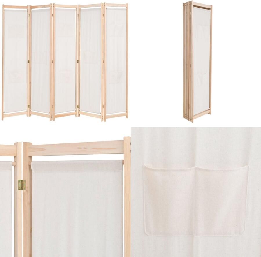 VidaXL Kamerscherm met 5 panelen 200x170x4 cm stof crème Scheidingswand Scheidingswanden Ruimteverdeler Ruimteverdelers