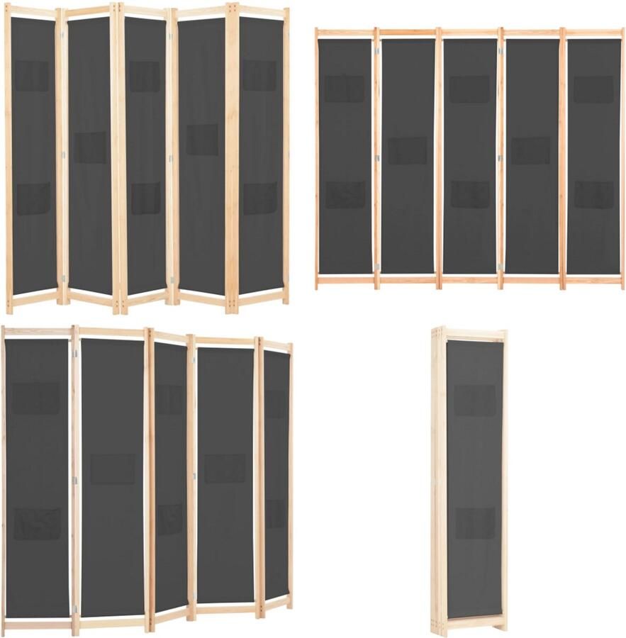 VidaXL Kamerscherm met 5 panelen 200x170x4 cm stof grijs Scheidingswand Scheidingswanden Ruimteverdeler Ruimteverdelers