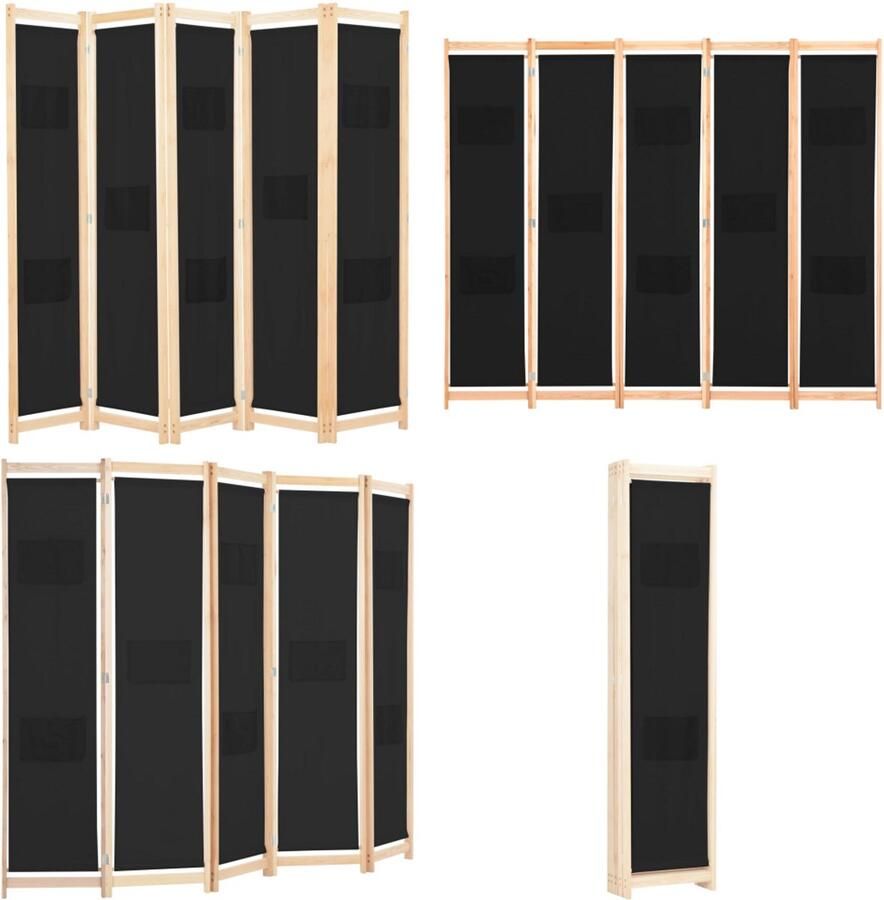 VidaXL Kamerscherm met 5 panelen 200x170x4 cm stof zwart Scheidingswand Scheidingswanden Ruimteverdeler Ruimteverdelers