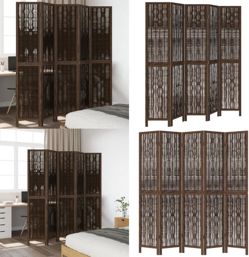 VidaXL Kamerscherm met 5 panelen massief paulowniahout donkerbruin Kamerscherm Kamerschermen Privacy Scherm Privacyscherm