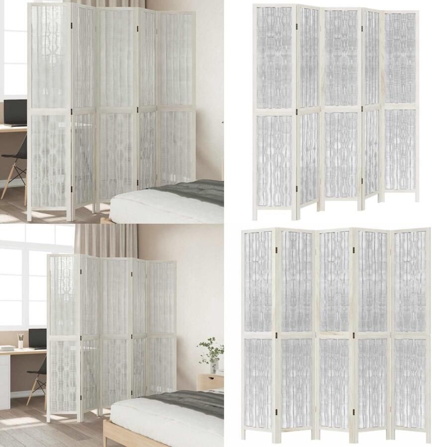 VidaXL Kamerscherm met 5 panelen massief paulowniahout wit Kamerscherm Kamerschermen Privacy Scherm Privacyscherm