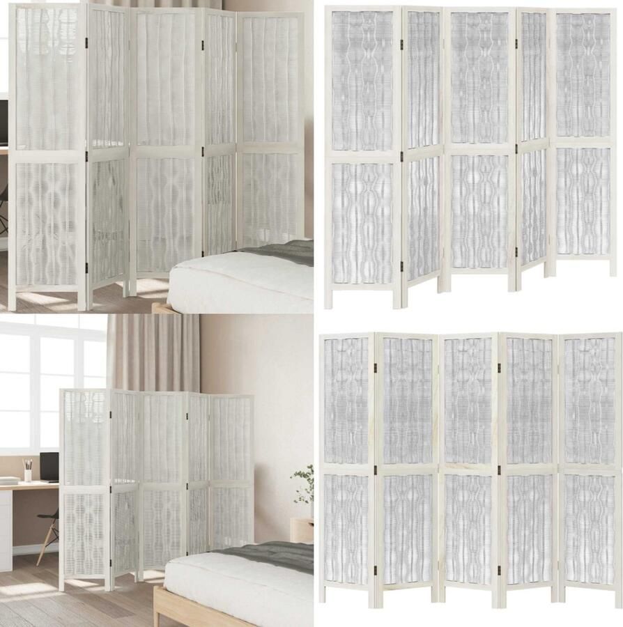 VidaXL Kamerscherm met 5 panelen massief paulowniahout wit Kamerscherm Kamerschermen Privacy Scherm Privacyscherm