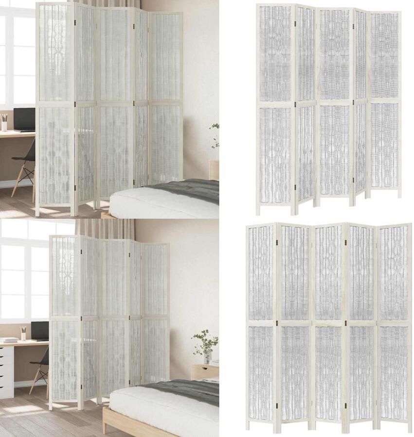 VidaXL Kamerscherm met 5 panelen massief paulowniahout wit Kamerscherm Kamerschermen Privacy Scherm Privacyscherm