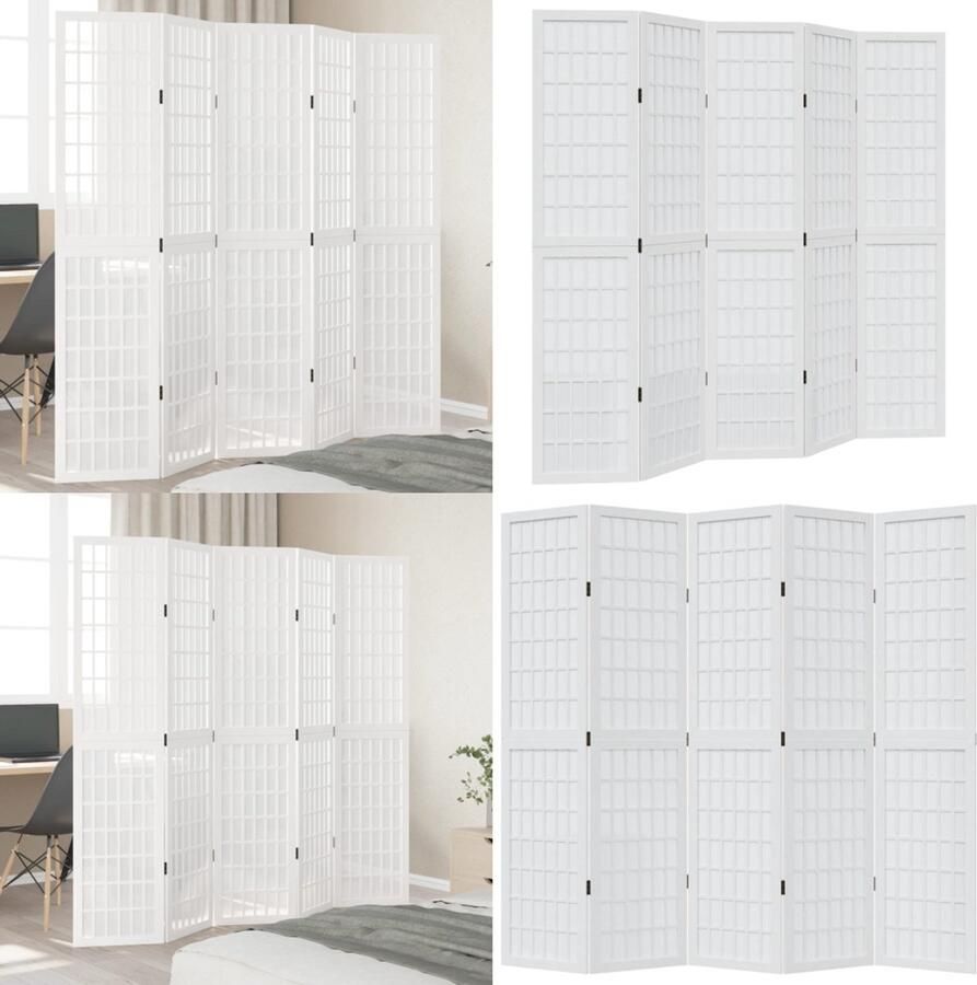 VidaXL Kamerscherm met 5 panelen massief paulowniahout wit Kamerscherm Kamerschermen Privacy Scherm Privacyscherm
