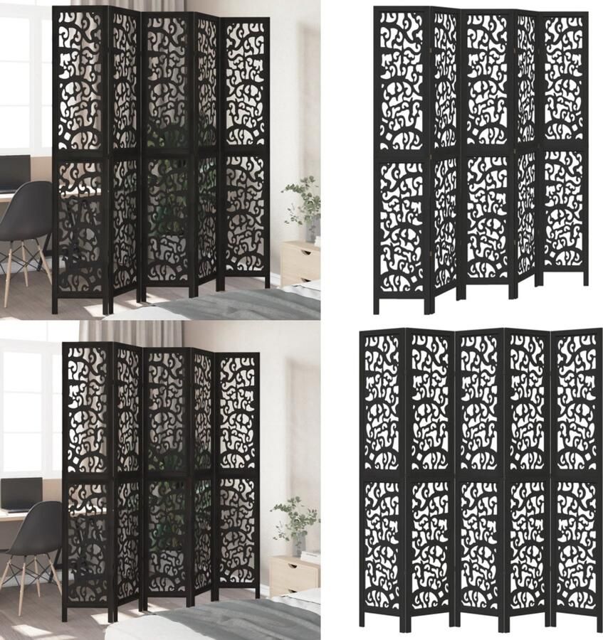 VidaXL Kamerscherm met 5 panelen massief paulowniahout zwart Kamerscherm Kamerschermen Privacy Scherm Privacyscherm