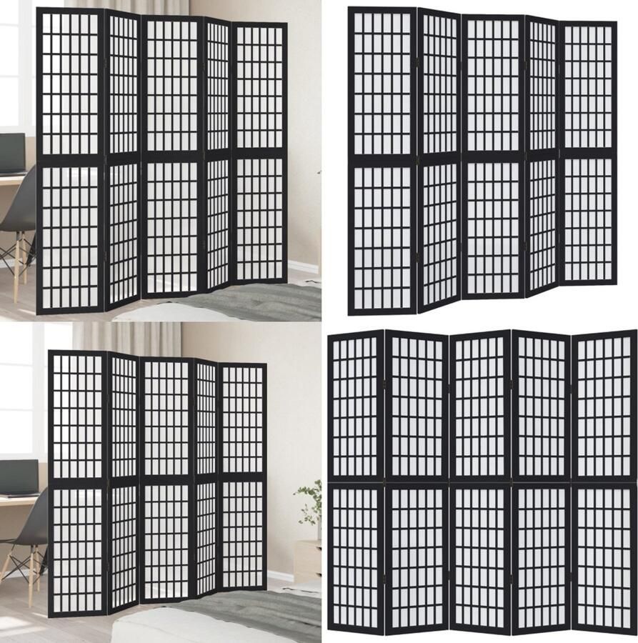 VidaXL Kamerscherm met 5 panelen massief paulowniahout zwart Kamerscherm Kamerschermen Privacy Scherm Privacyscherm