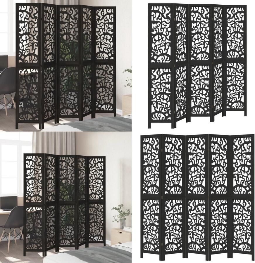 VidaXL Kamerscherm met 5 panelen massief paulowniahout zwart Kamerscherm Kamerschermen Privacy Scherm Privacyscherm