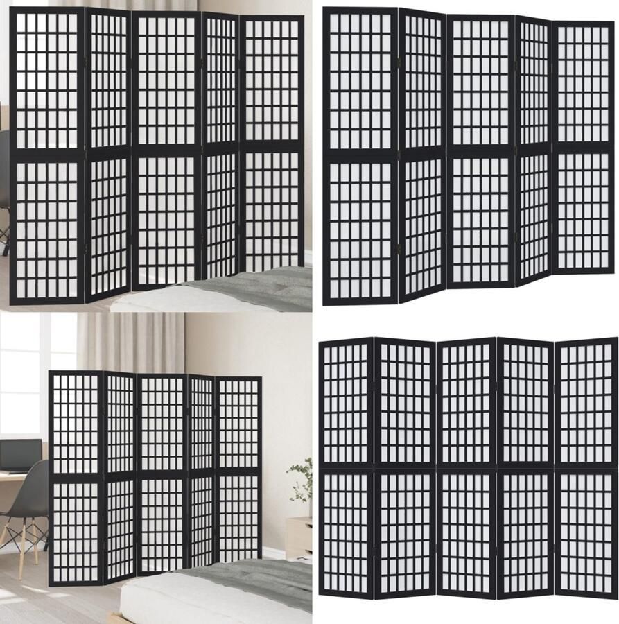 VidaXL Kamerscherm met 5 panelen massief paulowniahout zwart Kamerscherm Kamerschermen Privacy Scherm Privacyscherm