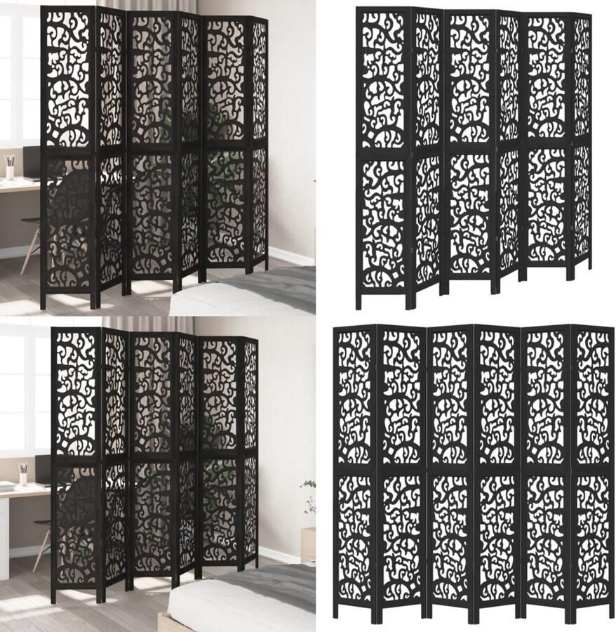 VidaXL Kamerscherm met 6 panelen massief paulowniahout zwart Kamerscherm Kamerschermen Privacy Scherm Privacyscherm