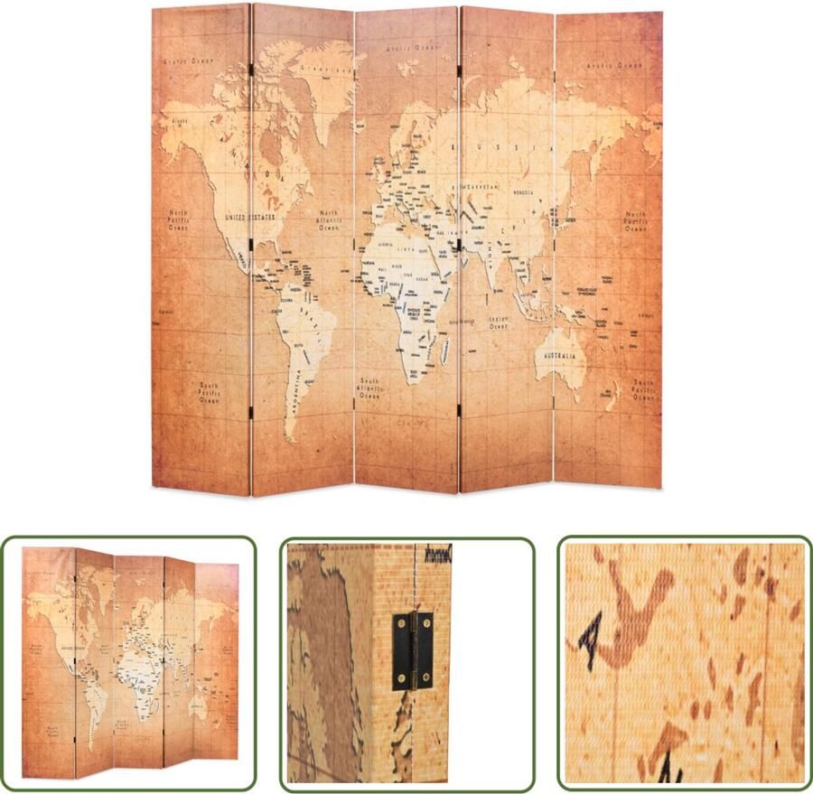 VidaXL Kamerscherm Wereldkaart 200x170 cm Geel Kamer Verdeler Kamerscherm Wereldkaart Print Modern Design Vouwbaar Stoffen Scherm Gele Kleuren Woonaccessoires Interieuraccessoires Thuisdecoratie