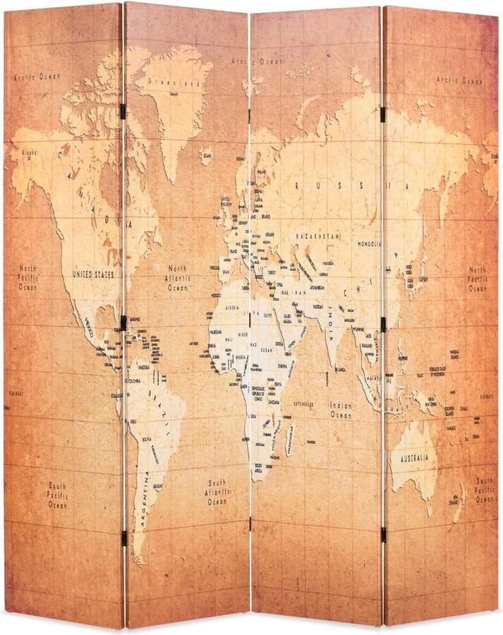 VidaXL Kamerscherm Wereldkaart Geel 160x170 cm Kamerscherm World Map Privacy Screen Designkamerdecoratie Vintage Style Werkkamer Living Room Divider - Foto 2