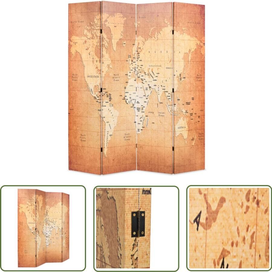 VidaXL Kamerscherm Wereldkaart Geel 160x170 cm Kamerscherm World Map Privacy Screen Designkamerdecoratie Vintage Style Werkkamer Living Room Divider