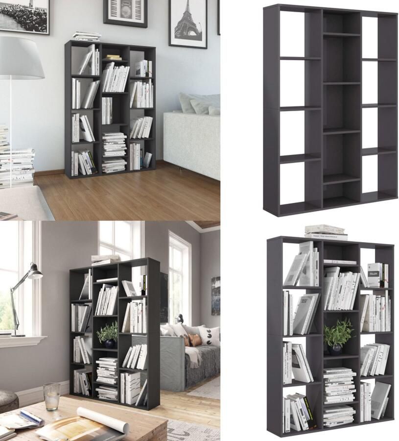 VidaXL Kamerscherm boekenkast 100x24x140 cm spaanplaat hoogglans grijs Scheidingswand Scheidingswanden Kamerverdeler Kamerverdelers