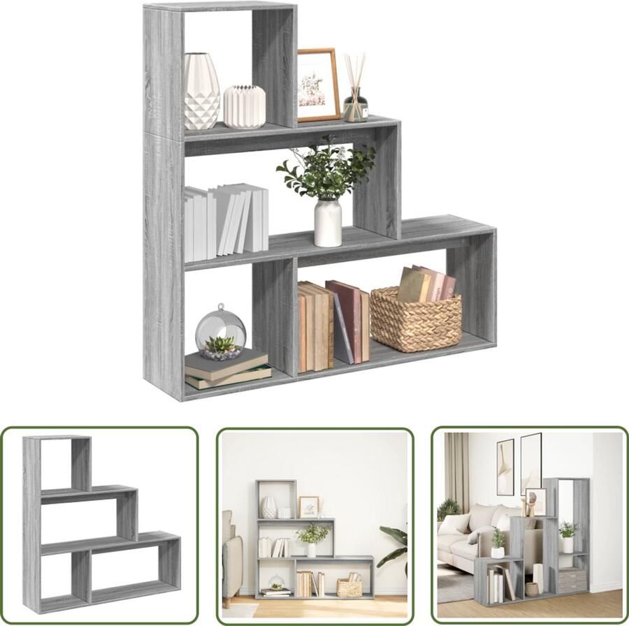 The Living Store Kamerscherm boekenkast 123x29x123 cm hout grijs sonoma Boekenkasten Kamerschermen Houten Meubel Grijze Meubels Opbergkasten