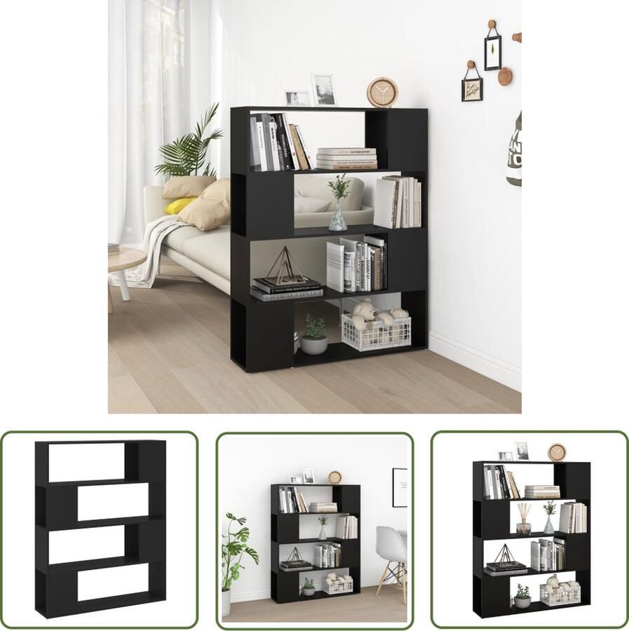 The Living Store Boekenkast Kamerverdeler 100 x 24 x 124 cm Zwart Bewerkt hout Boekenkast Kamerverdeler Houten Boekenkast Zwarte Boekenkast Boekenplank - Foto 2