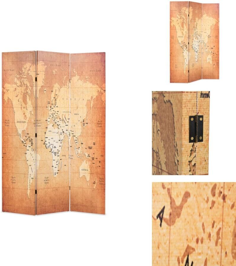 VidaXL Kamerverdeler Kamerverdelers Paravent Paravents Kamerscherm inklapbaar wereldkaart 120x170 cm geel