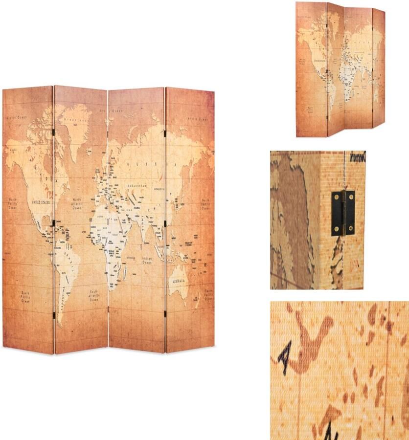 VidaXL Kamerverdeler Kamerverdelers Paravent Paravents Kamerscherm inklapbaar wereldkaart 160x170 cm geel