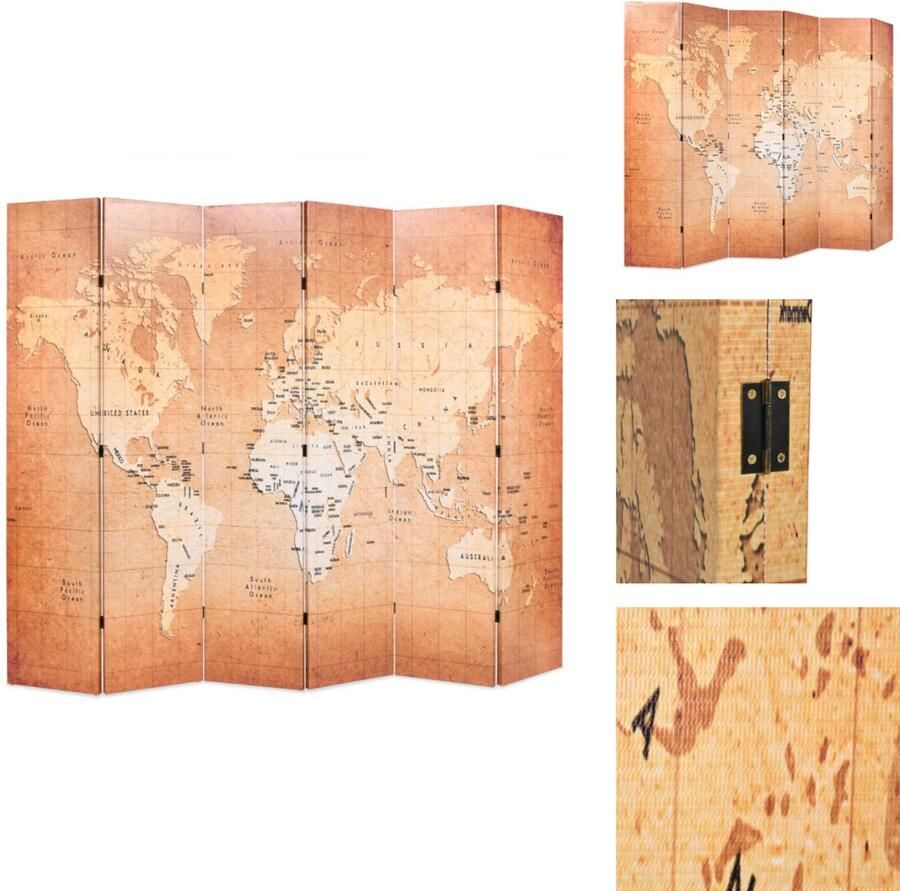 VidaXL Kamerverdeler Kamerverdelers Paravent Paravents Kamerscherm inklapbaar wereldkaart 228x170 cm geel