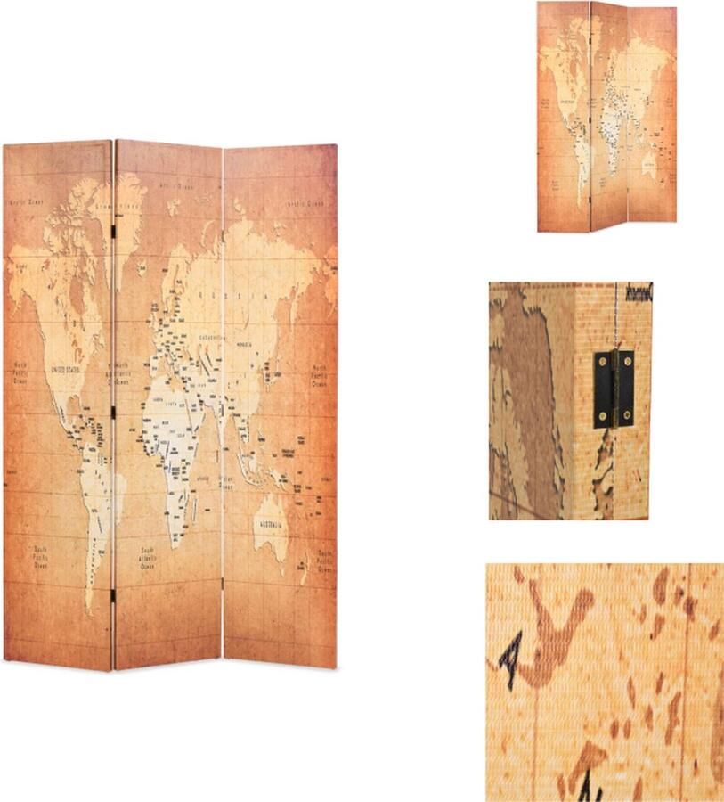 VidaXL Kamerverdeler Kamerverdelers Paravent Paravents Kamerscherm inklapbaar wereldkaart 120x170 cm geel - Foto 2