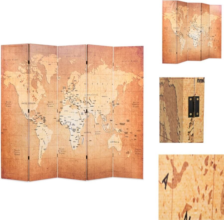 VidaXL Kamerverdeler Kamerverdelers Paravent Paravents Kamerscherm inklapbaar wereldkaart 200x170 cm geel