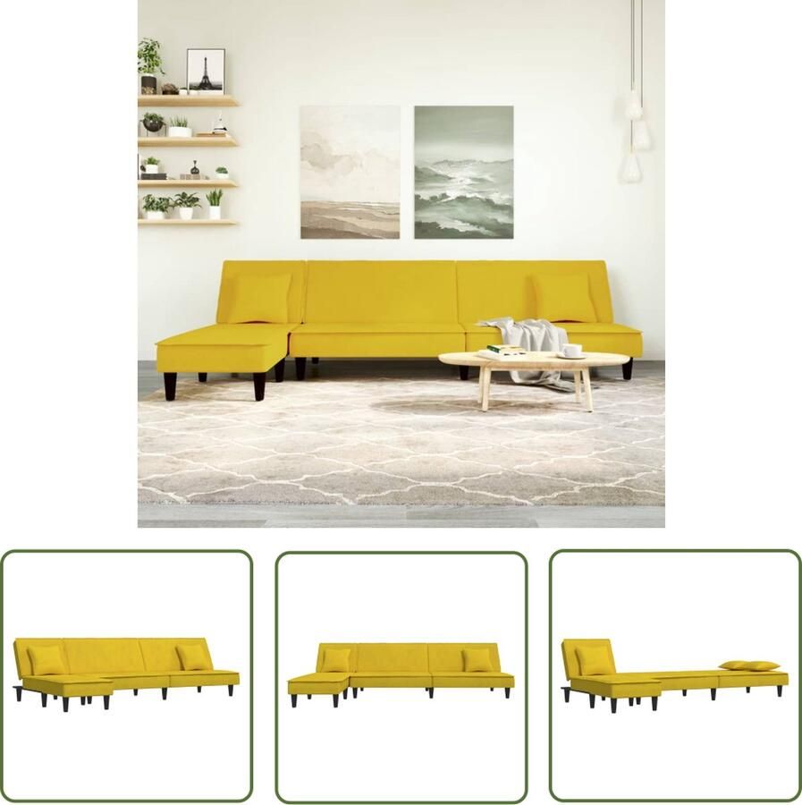 The Living Store L-vormige slaapbank fluweel geel 255 x 140 x 70 cm Slaapbank Kanapé-bed Hoekbank Lounge Sofa Fluweel Meubilair - Foto 2