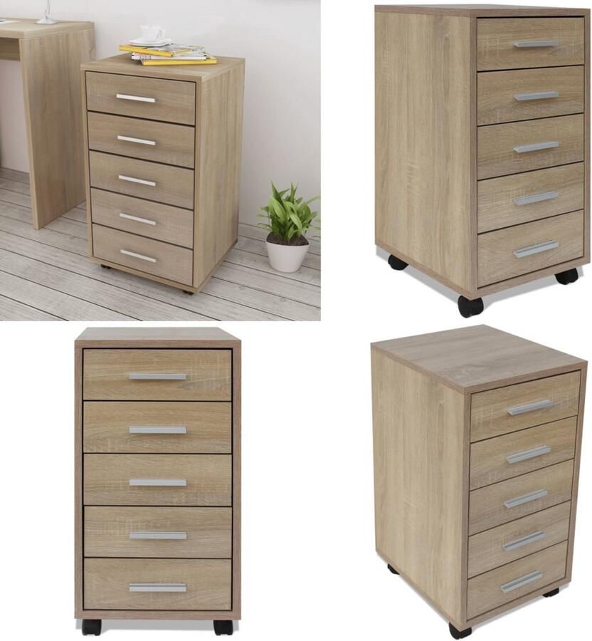 VidaXL Kantoor ladeblok op wielen 5 lades eiken Kantoormeubel Kantoormeubelen Kantoorlade Ladeblok