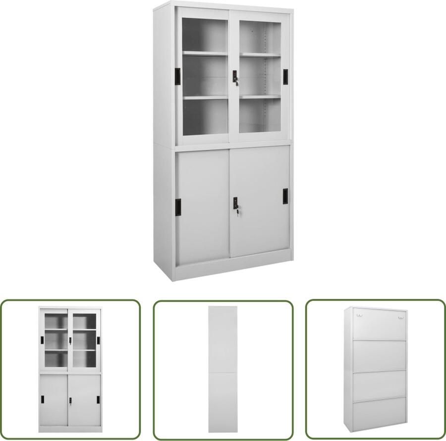 The Living Store Opbergkast Staal en Gehard Glas 90 x 40 x 180 cm Lichtgrijs Opslagkast Kantooraccessoires Boekenplank Archivak Metalen Kast - Foto 2