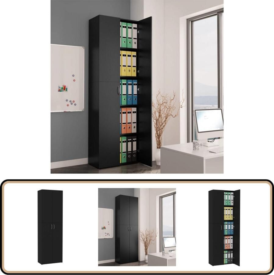 VidaXL Kantoorkast 60x32x190 cm Zwart Bewerkt hout Opslagkast Boekenkast Kantoormeubilair Houten Kast Zwarte Kast Minimalistisch Interieur Bureaustyle