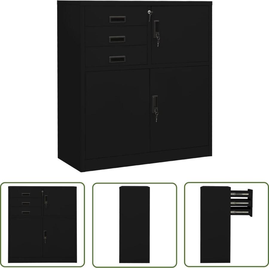 The Living Store Archiefkast Staal 90 x 40 x 102 cm Zwart Archiefkaart Kantoorkast Metalen Kast Staalkast Opbergsysteem - Foto 2