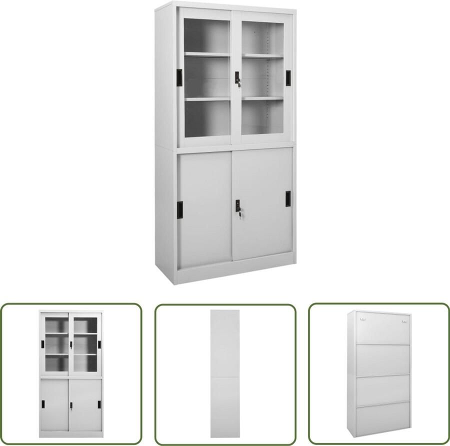 VidaXL Kantoorkast Lichtgrijs 90x40x180 cm Staal Kantoor Kast Opslagruimte Archivak Metalen Kast Glazen Kast Schuivende Deuren Bureau Accessoires Organisatorisch Werkplek Organisatie Thuiswerk Setup Home Office Decor