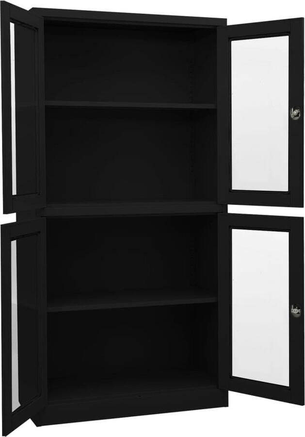 VidaXL Kantoorkast Staal en Glas 90x40x180 cm Kantoor Kast Opslagruimte Metalen Kast Zwarte Kast Boekenkast