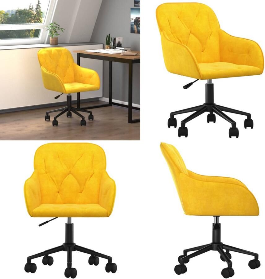 The Living Store Draaibare kantoorstoel Fluweel Geel 56 x 61 x (78 86) cm Metalen frame Kantoorstoel Fluweel Geel Draaibare Stoel Bureaustoel