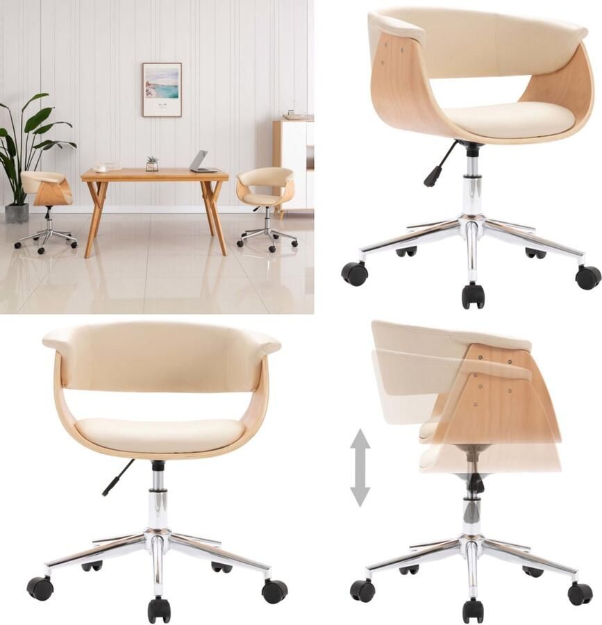 VidaXL Kantoorstoel draaibaar gebogen hout en kunstleer crème Kantoorstoel Kantoorstoelen Stoel Stoelen